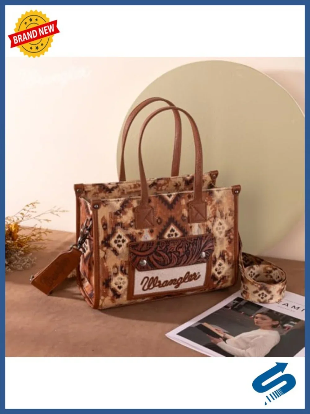 Canvas Tote Bag with Aztec Pattern and Crossbody Strap